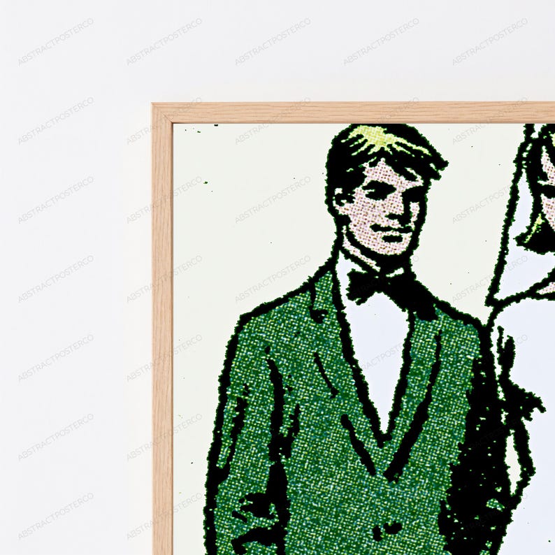 May include: A framed wall art print featuring a comic book style illustration of a person wearing a green suit jacket, a white shirt, and a black bow tie. The artwork uses a dot-matrix pattern for shading and is encased in a light wood frame.