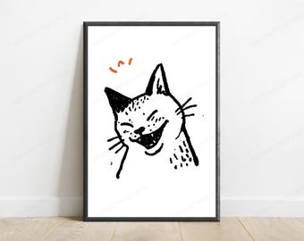 Laughing Cat Portrait Wall Art | Whimsical Feline Print | Funny Cat Decor | Digital Download