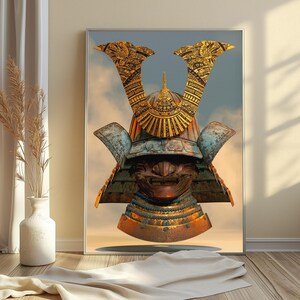 Golden Samurai Helmet Ornate Art Print | Japanese Warrior Kabuto | Minimalist Wall Art | Digital Download A3 A2 A1 image 3