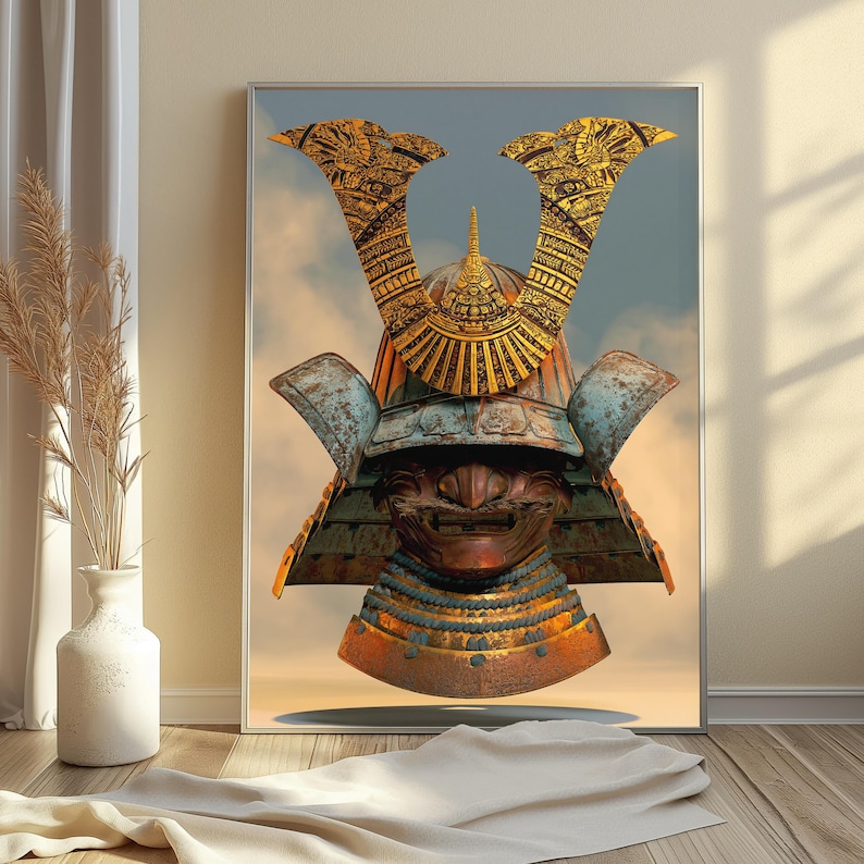 Golden Samurai Helmet Ornate Art Print | Japanese Warrior Kabuto | Minimalist Wall Art | Digital Download A3 A2 A1 image 3