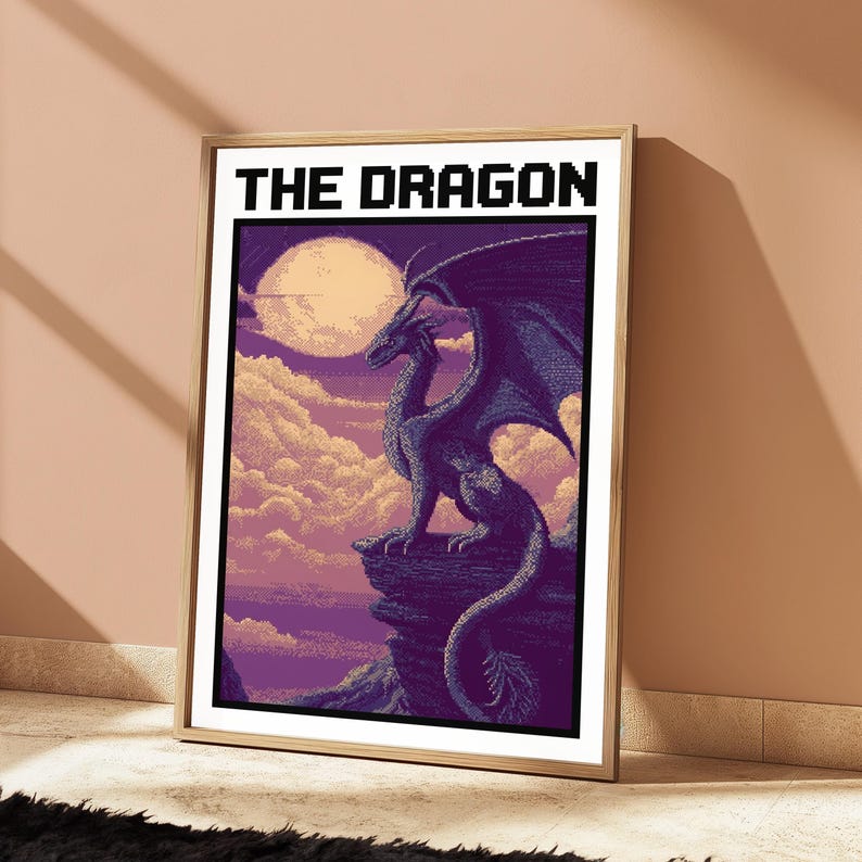 Moonlit Dragon Pixel Art Print | Purple Fantasy Wall Art | Mystical Creature Home Decor | Digital Download A3 A2 A1 image 3