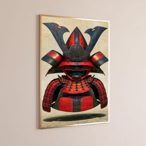 Peut inclure: Une impression d'art mural encadr&eacute;e repr&eacute;sentant une illustration d&eacute;taill&eacute;e d'un casque et d'une armure de samoura&iuml; traditionnels. L'armure est principalement rouge vif avec des accents noirs patin&eacute;s et des bordures m&eacute;talliques.