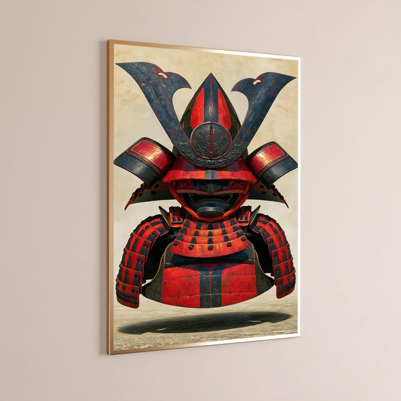 Peut inclure: Une impression d'art mural encadr&eacute;e repr&eacute;sentant une illustration d&eacute;taill&eacute;e d'un casque et d'une armure de samoura&iuml; traditionnels. L'armure est principalement rouge vif avec des accents noirs patin&eacute;s et des bordures m&eacute;talliques.