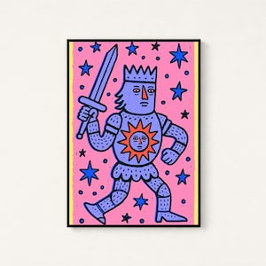 Lámina de arte pop "Rey Cósmico con Espada" / Arte mural de guerrero retro / Decoración minimalista colorida / Descarga digital A3 A2 A1 imagen 1