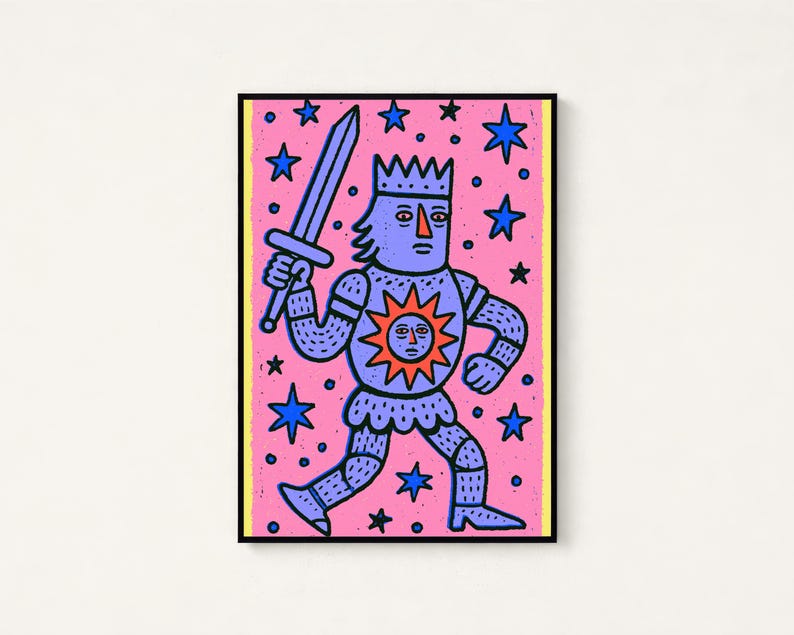 Lámina de arte pop "Rey Cósmico con Espada" / Arte mural de guerrero retro / Decoración minimalista colorida / Descarga digital A3 A2 A1 imagen 1
