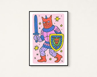 Colorful Demon Warrior Pop Art Print | Quirky Sword Fighter Wall Art | Vibrant Character Illustration | Digital Download A3 A2 A1