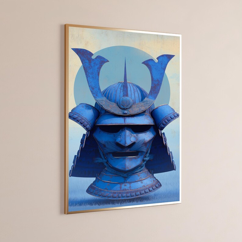 May include: A framed wall art print featuring a blue samurai helmet with a prominent crest and face mask. The helmet displays intricate metal plating and rivets, set against a pale background with a large, soft blue circular shape behind it.