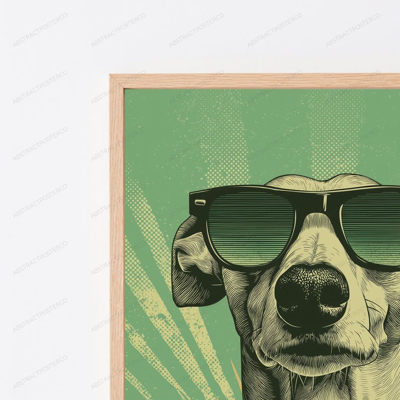 May include: A framed wall art print featuring a stylized illustration of a dog wearing large black sunglasses. The artwork uses a green background with a halftone dot pattern and light rays, rendered in a detailed, etched line art style.