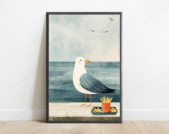 Seagull with Chips Minimalist Art Print | Coastal Beach Wall Art | Funny Food Print | Digital Download A3 A2 A1