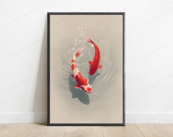 Rode en witte koivissen met waterrimpeling | Minimalistische Aziatische kunst | Zen-muurdecoratie | Digitale download A3 A2 A1