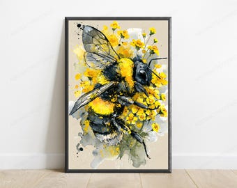 Bee with Yellow Flowers Watercolor Art Print | Nature Botanical Wall Art | Minimalist Home Decor | Digital Download A3 A2 A1