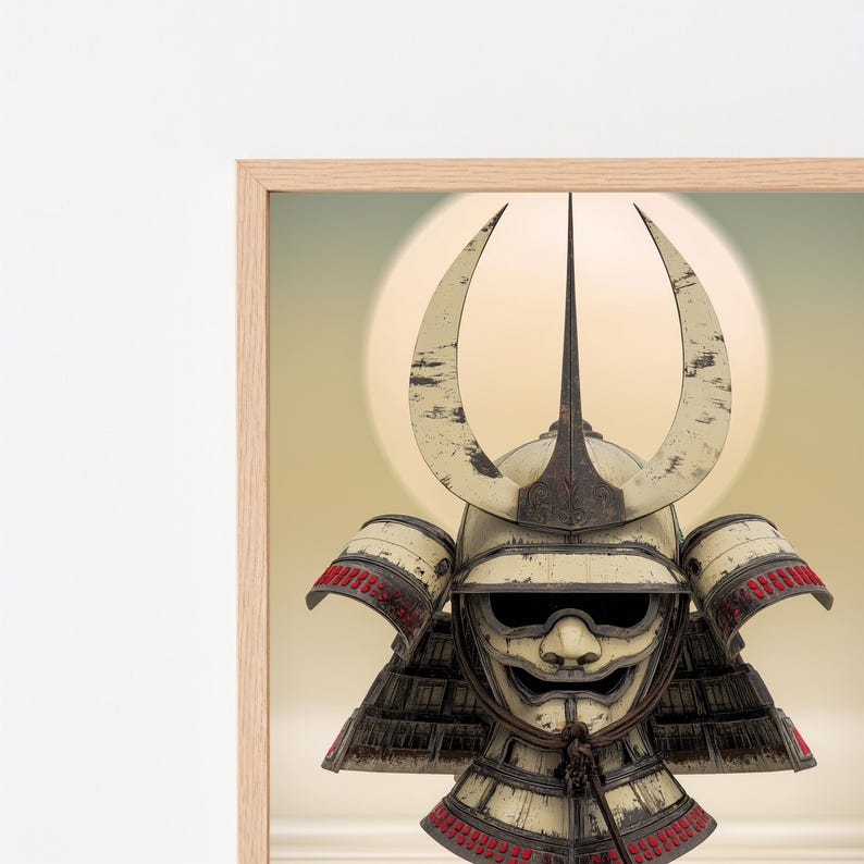 Puede incluir: Una impresi&oacute;n de arte mural enmarcada que muestra un casco de samur&aacute;i de color blanco roto desgastado con una punta central prominente, cuernos curvados y una m&aacute;scara facial con expresi&oacute;n severa, con marcas oscuras y detalles rojos.