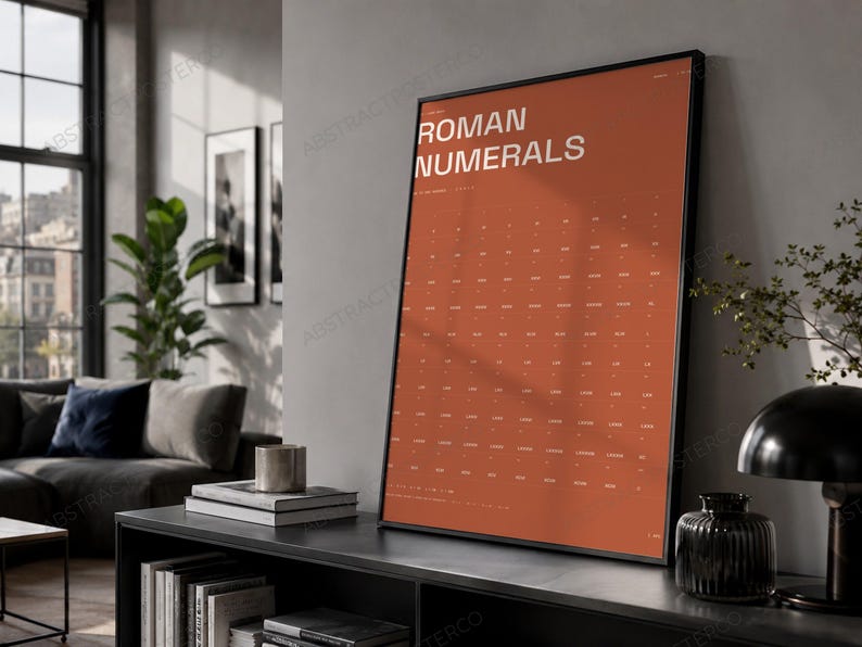 Learn Roman Numerals Chart Print in Terracotta shown in a living room