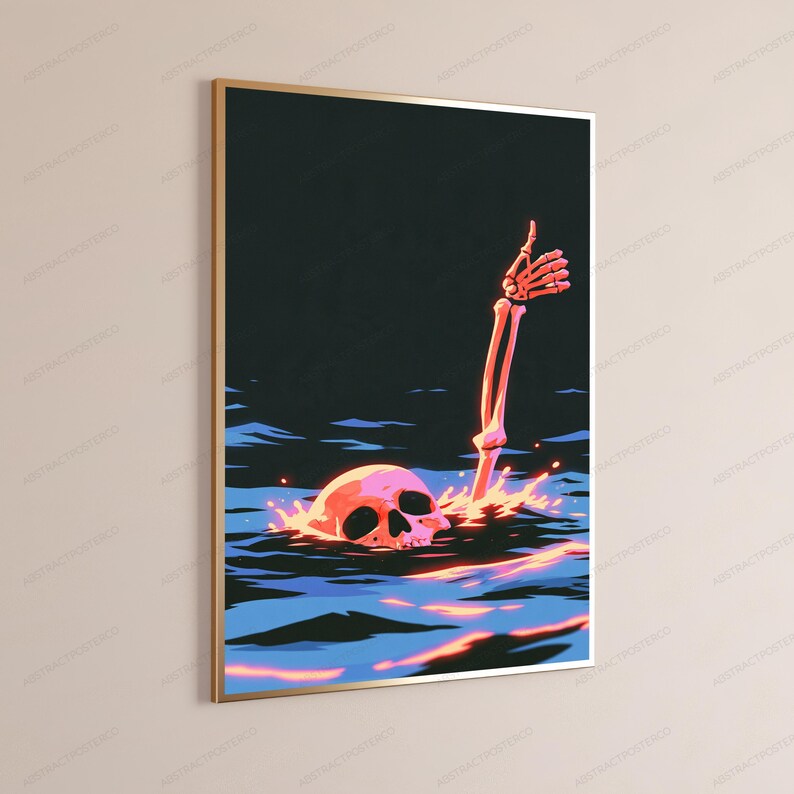 Skeleton Hand Rising from Skull | Synthwave Neon Art Print | Dark Gothic Wall Decor image 3