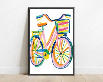 Kleurrijke fietspop-artprint | Levendige roze fietsmuurkunst | Retro minimalistisch decor | Digitale download A3 A2 A1