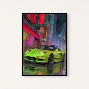 Lámina decorativa estilo cyberpunk con diseño de coche deportivo neón / Arte mural JDM verde lima / Decoración neón vaporwave / Descarga digital A3 A2 A1 imagen 1