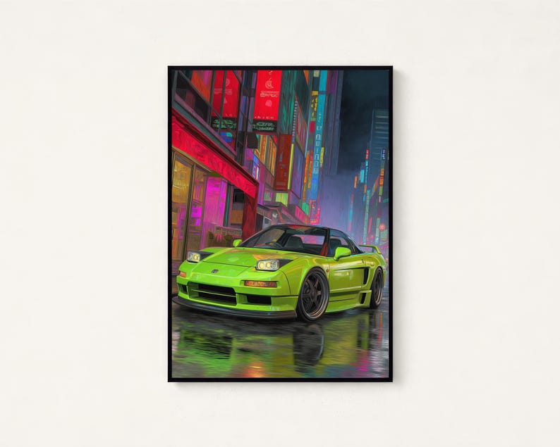 Lámina decorativa estilo cyberpunk con diseño de coche deportivo neón / Arte mural JDM verde lima / Decoración neón vaporwave / Descarga digital A3 A2 A1 imagen 1
