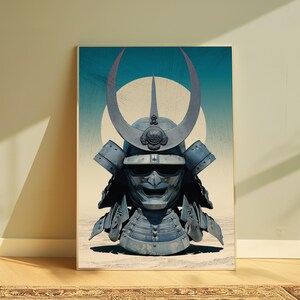 May include: A vertical wall art print featuring a blue-toned samurai helmet with a prominent crescent-shaped crest and a fierce facial mask. The helmet is centered against a large, pale circular background, set against a gradient sky.