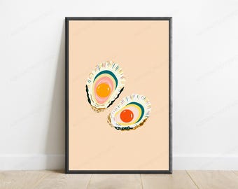 Colourful Oyster Shells Wall Art Print | Vibrant Food Illustration | Minimalist Kitchen Decor | Digital Download A3 A2 A1