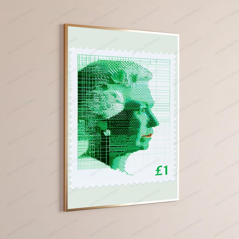 Op de afbeelding: Een ingelijste wandkunstprint met een gestileerd groen postzegelontwerp. Het kunstwerk toont een profielportret van een vorst, gemaakt met een halftoon-stippenpatroon en rasterlijnen. De tekst &pound;1 staat in de rechterbenedenhoek gedrukt.