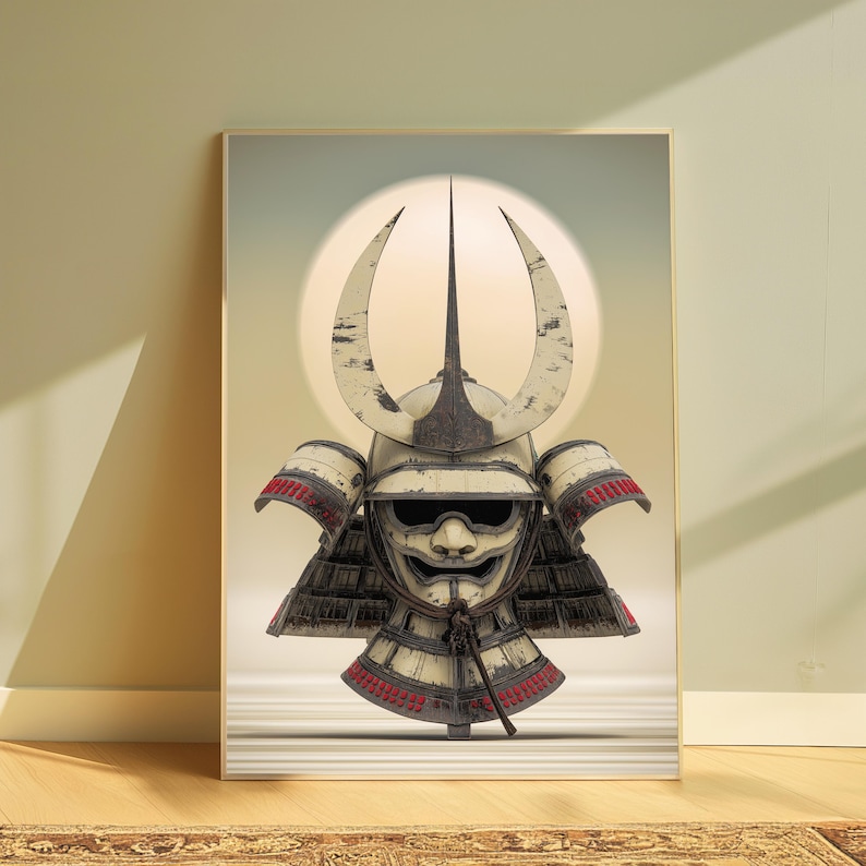 Puede incluir: Una impresi&oacute;n de arte mural enmarcada que muestra un casco de samur&aacute;i de color blanco roto desgastado con una punta central prominente y crestas laterales curvas. El casco incluye una m&aacute;scara oscura con expresi&oacute;n severa y detalles rojos.