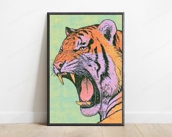 Roaring Tiger Pop Art Print | Vibrant Wild Cat Wall Art | Bold Minimalist Home Decor | Digital Download A3 A2 A1
