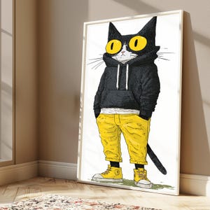 Coole schwarze Katze Hoodie Pop Art Print | Lustige Tierwandkunst | Minimalistisches Katzendekor | Digitaler Download A3-A2-A1 Bild 10