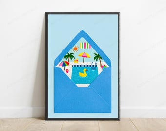 Beach Holiday Poolside Pop Art | Summer Vacation Wall Art | Minimalist Travel Decor | Digital Download A3 A2 A1