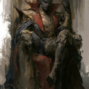 May include: A digital painting of a horned, grey-skinned figure with pointed ears sitting on a throne. The figure wears a high-collared gold and red garment with dark blue accents. The throne features sculpted animal heads on the armrests.