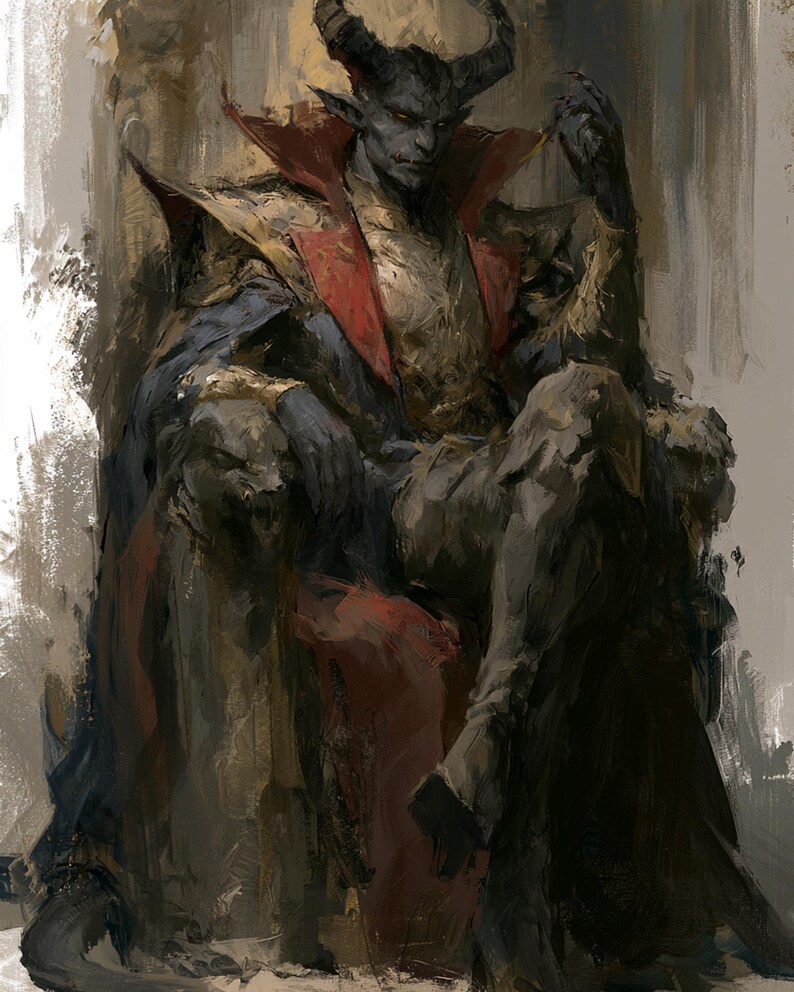 May include: A digital painting of a horned, grey-skinned figure with pointed ears sitting on a throne. The figure wears a high-collared gold and red garment with dark blue accents. The throne features sculpted animal heads on the armrests.