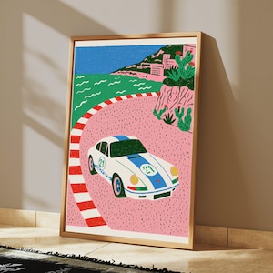 Vintage Racing Car Coastal Road Print | Minimalist Landscape Wall Art | Retro Travel Poster Style | Digital Download A3 A2 A1 image 5