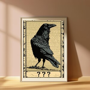 May include: A framed pixel art print featuring a black raven standing in profile against a textured beige background. The artwork is enclosed in a decorative border with a distressed edge, and the three question marks are printed in black at the bottom.