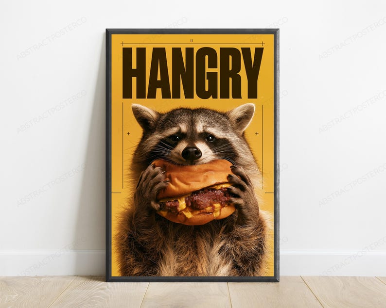 Hangry Raccoon Hot Dog Pop Art Print | Funny Animal Wall Art | Quirky Home Decor image 1