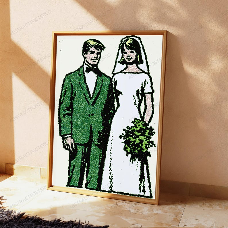 May include: A framed wall art print featuring a stylized illustration of a couple standing side by side. The figure on the left wears a green suit with a black bowtie, while the figure on the right wears a white dress, a veil, and holds a green bouquet.