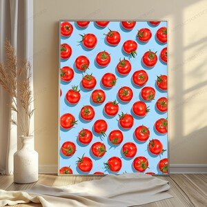 May include: A rectangular wall art print featuring a repeating pattern of bright red tomatoes with green stems arranged on a solid light blue background. The tomatoes are distributed evenly across the entire surface of the vertical poster.