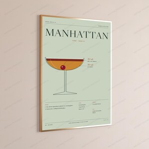 Manhattan Cocktail Recipe Print in Sage | Vintage Bar Art | Minimalist Drink Poster image 3