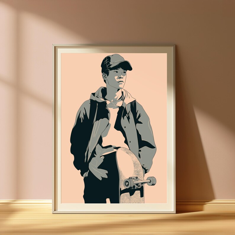 May include: A framed art print featuring a stylized illustration of a person wearing a baseball cap, a hooded sweatshirt, and a jacket, holding a skateboard. The artwork uses a palette of peach, dark gray, and black with high-contrast shadows.