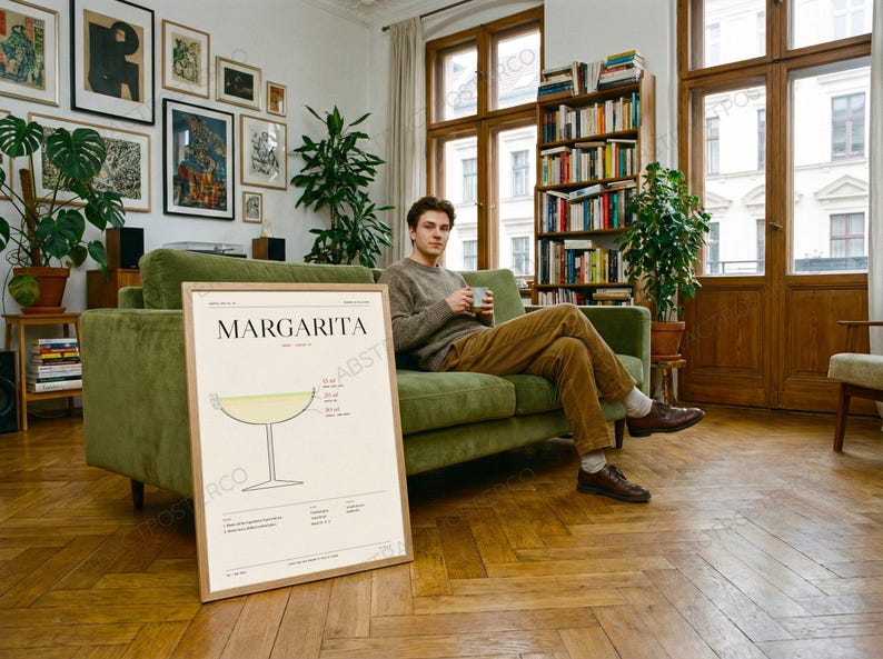 Margarita Cocktail Recipe Print in Cream shown in a living room