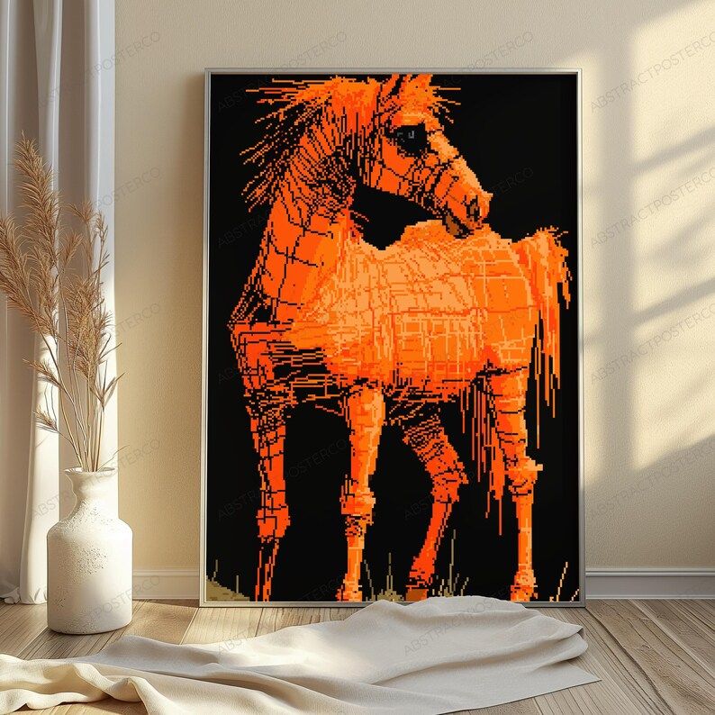 Impressão Pop Art com Cavalo Laranja em Efeito Glitch | Arte de Parede Equina Retrô em Pixel Art | Decoração Moderna para Casa com Tema Animal | Download Digital A3 A2 A1 imagem 5