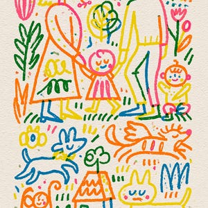 May include: A vibrant, multi-colored line art illustration featuring a family of four standing together, surrounded by a sun, rainbow, flowers, and trees. Below, a playful scene depicts a house, a cat, a dog, and a small basket with a figure.