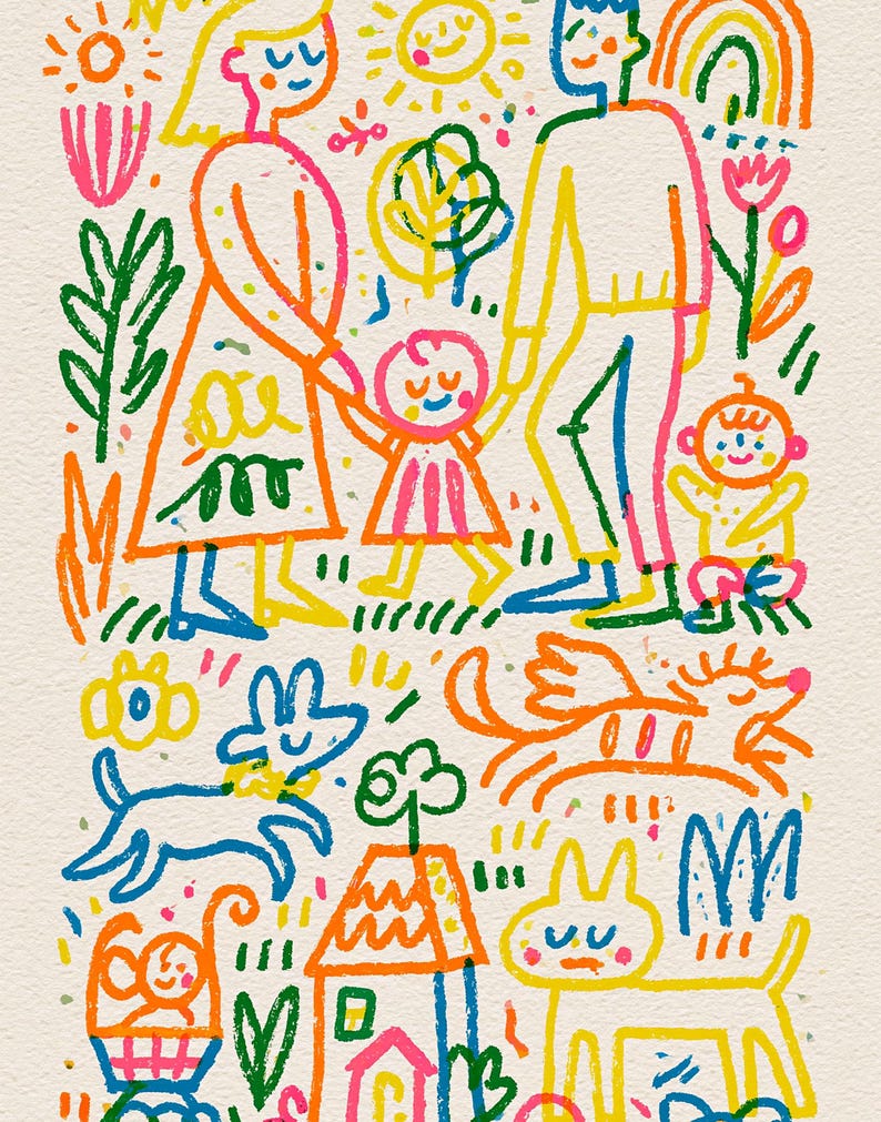 May include: A vibrant, multi-colored line art illustration featuring a family of four standing together, surrounded by a sun, rainbow, flowers, and trees. Below, a playful scene depicts a house, a cat, a dog, and a small basket with a figure.