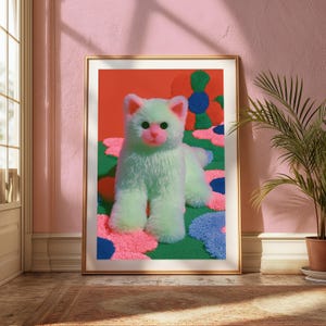K&ouml;nnte beinhalten: Ein gerahmter Kunstdruck, der eine flauschige, hellgr&uuml;ne Katze mit rosa Nase und Ohren zeigt, die auf einem lebendigen, strukturierten Hintergrund aus gro&szlig;en, abstrakten Blumenformen in Rosa, Blau, Gr&uuml;n und Orange steht.