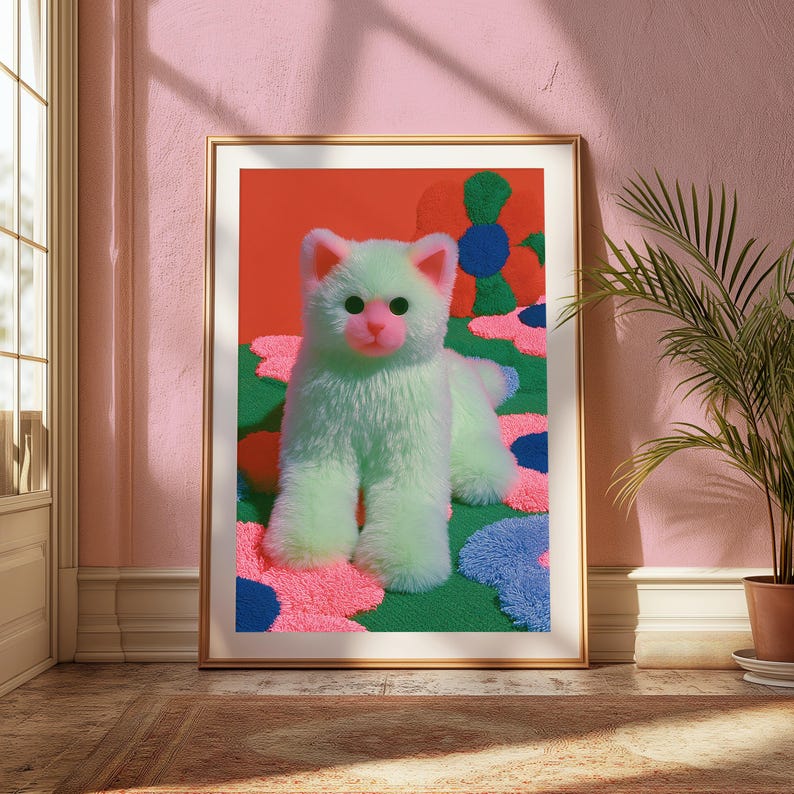 K&ouml;nnte beinhalten: Ein gerahmter Kunstdruck, der eine flauschige, hellgr&uuml;ne Katze mit rosa Nase und Ohren zeigt, die auf einem lebendigen, strukturierten Hintergrund aus gro&szlig;en, abstrakten Blumenformen in Rosa, Blau, Gr&uuml;n und Orange steht.