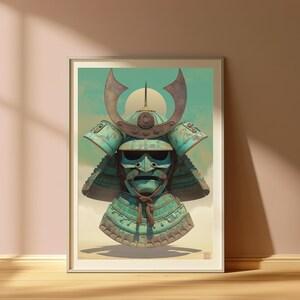 May include: A framed wall art print featuring a teal-colored samurai helmet with a prominent crescent-shaped crest and a matching face mask. The helmet displays a weathered, metallic texture with a brown cord tied under the chin, set against a pale sky.
