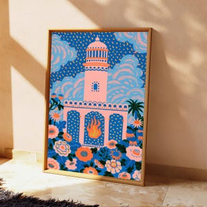 May include: A framed art print featuring a central pink tower structure with a fire icon in the base, set against a deep blue background with pink clouds, yellow rain-like dots, and a foreground filled with orange and pink floral patterns.