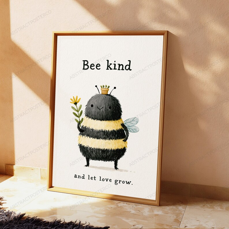 K&ouml;nnte beinhalten: Ein gerahmter Kunstdruck mit einer flauschigen, schwarz-gelb gestreiften Bienenfigur, die eine kleine gelbe Blume h&auml;lt. Die Biene tr&auml;gt einen winzigen Blumentopf auf dem Kopf. Der Text lautet oben Bee kind und unten and let love grow.