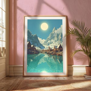 Puede incluir: Una impresi&oacute;n art&iacute;stica enmarcada representa una serena escena de un pueblo de monta&ntilde;a. Monta&ntilde;as cubiertas de nieve se alzan sobre un lago turquesa, reflejando el sol y el cielo azul. Casas de madera salpican la orilla, creando un entorno pintoresco.