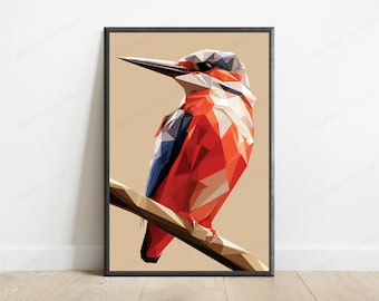 Red Kingfisher Geometric Art Print | Low Poly Bird Wall Art | Nature Lover Home Decor