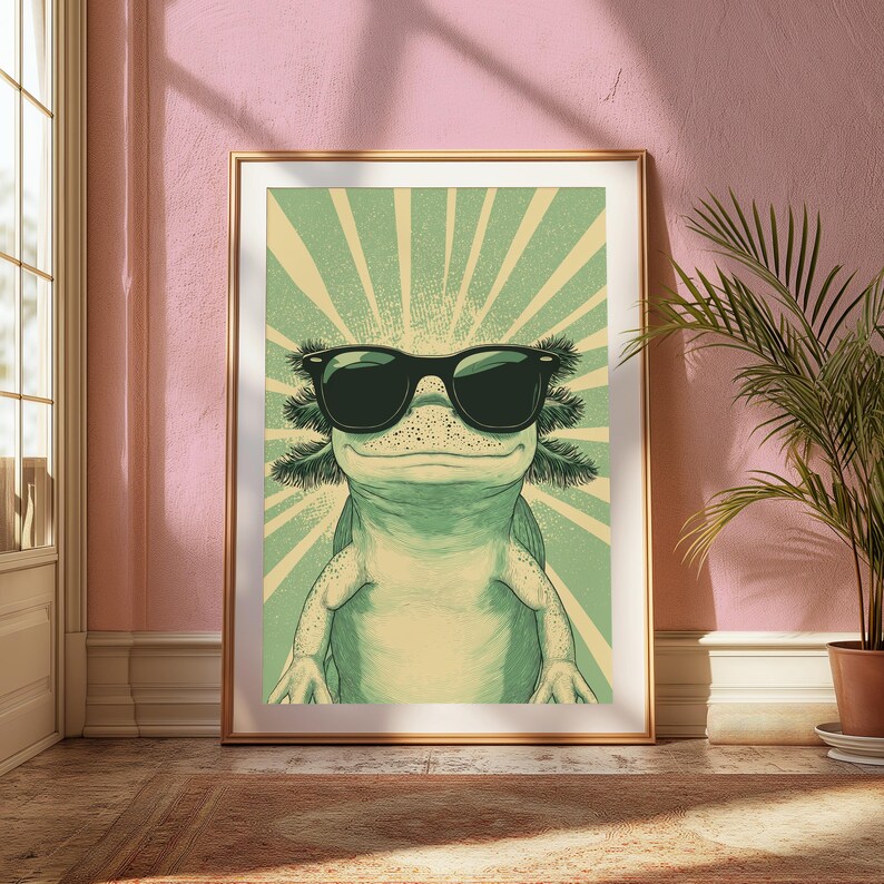 Estampado de ajolote con gafas de sol / Decoración de pared estilo retro pop art / Ilustración minimalista de animales imagen 5