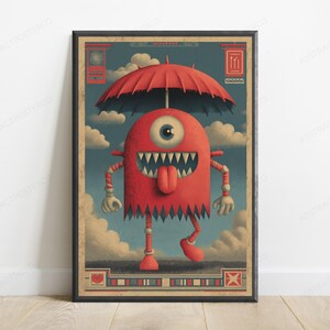 May include: A framed poster featuring a red, one-eyed monster with sharp teeth and a protruding tongue, standing under a red umbrella. The background shows a blue sky with clouds, and the artwork is framed by a decorative border with geometric patterns.